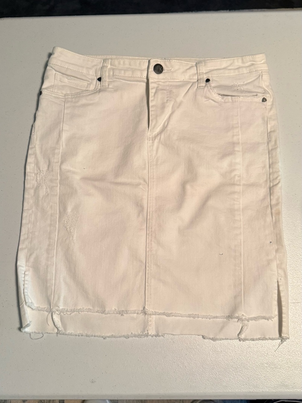 Kut from the Kloth White Denim Mini Skirt with Frayed Hem